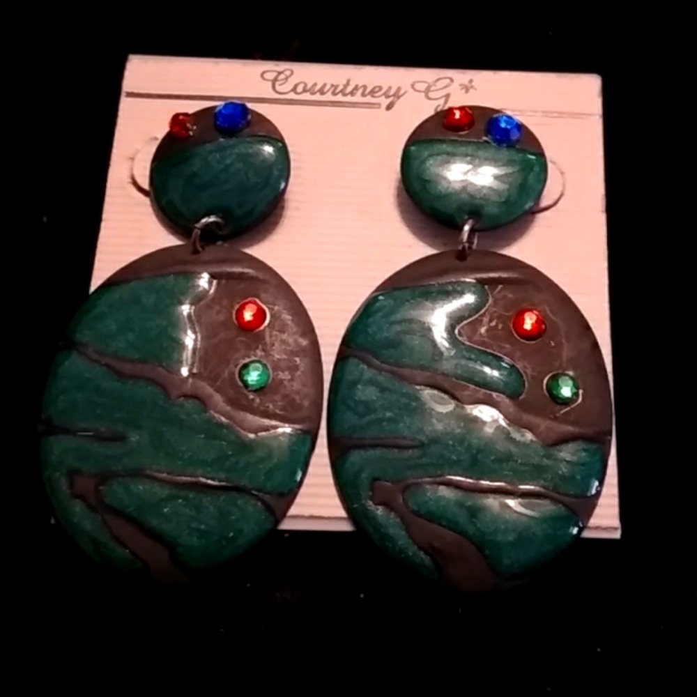 Enamel painted Dark grey with Christmas colors and rhinestones post earrings